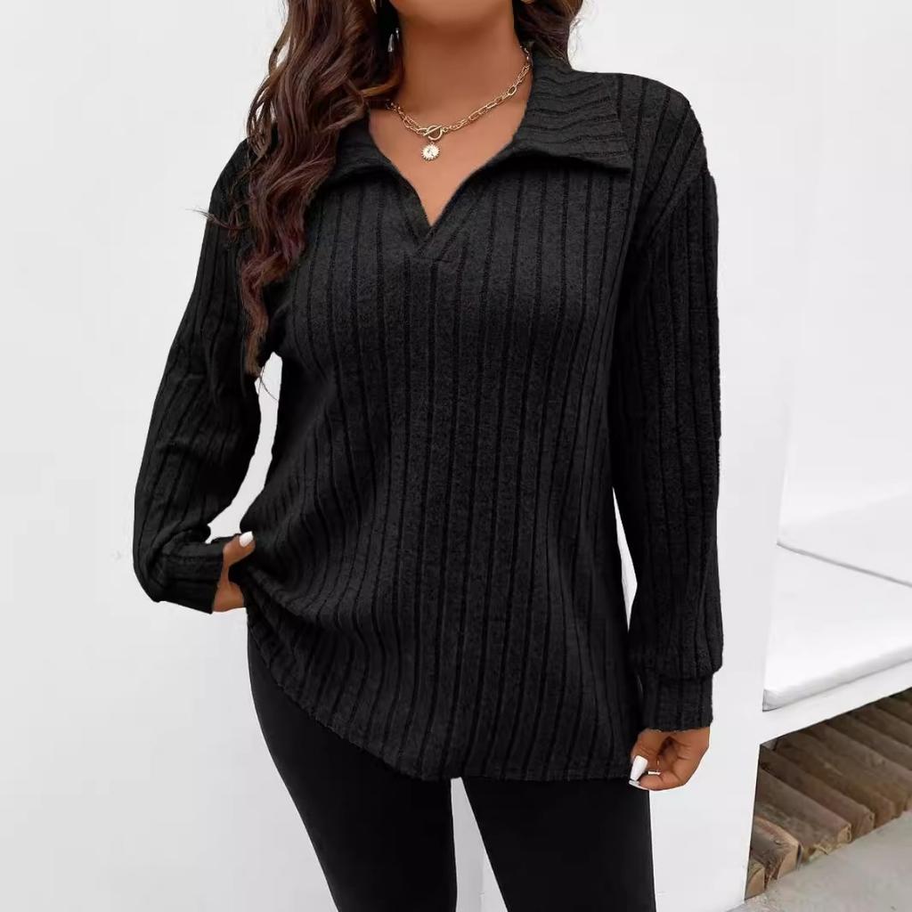Autumn Winter New Solid Color Plus Size Women's Top V Lapel Long Sleeve Ribbed Brushed T-shirt Loose Casual