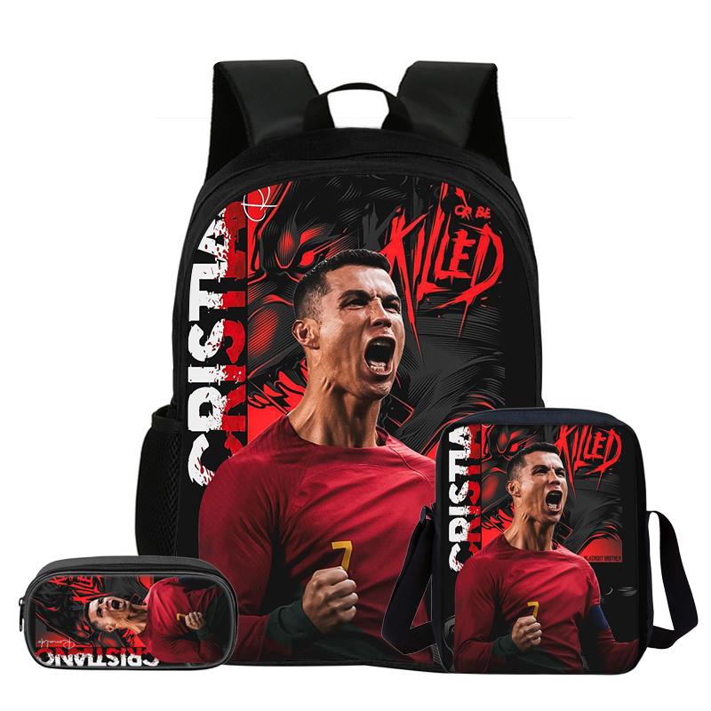 Set de 3 Piezas para Niños Mochila Estrella de Fútbol Estudiante Bolso de Hombro Escolar Bolsas para Lápices Ronaldo Mochila Escolar CR Mochila Mejor Regalo