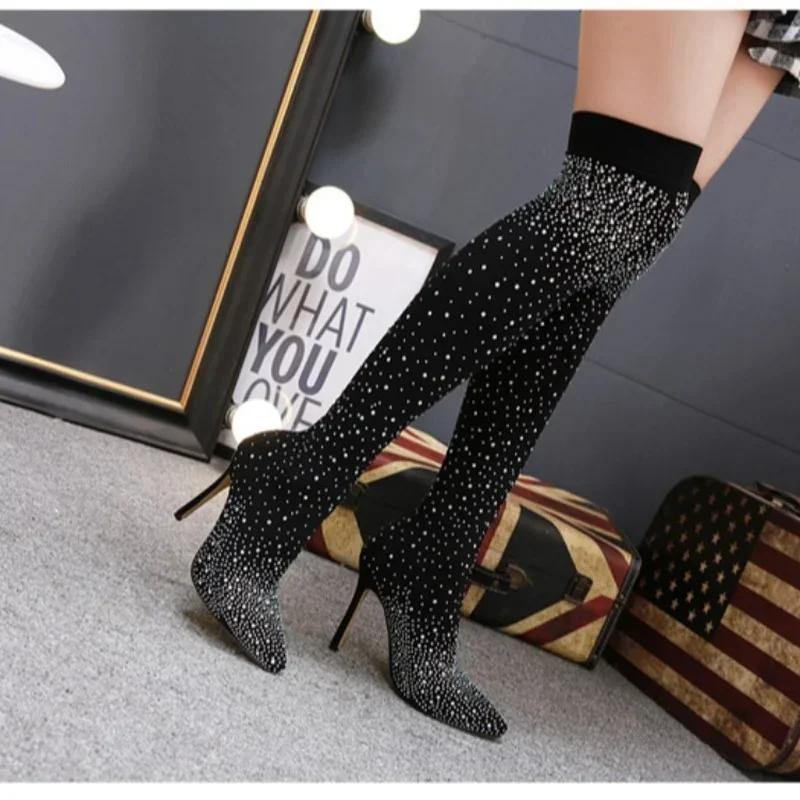 Mode Sommer Kniestiefel Luxus Frau Schuhe Strass Spitzschuh Sexy High Heels Plus Größe 43 Oberschenkel Hohe Socken Botas De Mujer