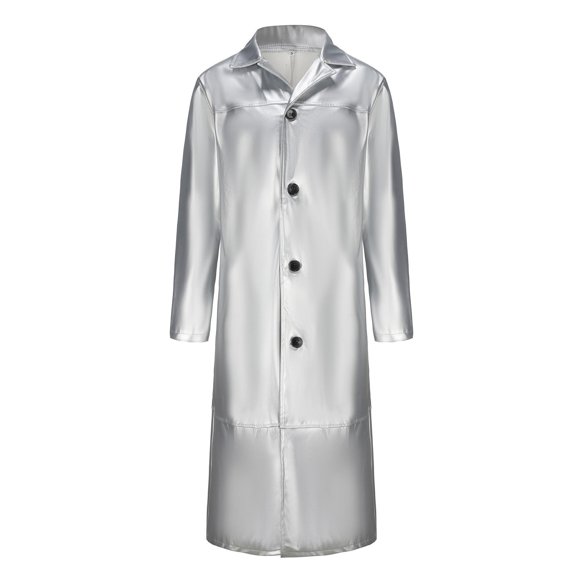 

Чоловічий чорний довгий шкіряний тренч зі стійкою, приталений, стильний верхній одяг XXXL срібний