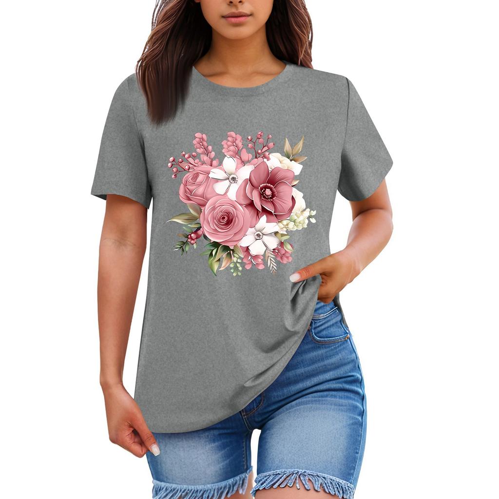 Ladies' Loose Comfortable Casual Fashionable Plant Flower Printed Round Neck Short Sleeved Shirt
