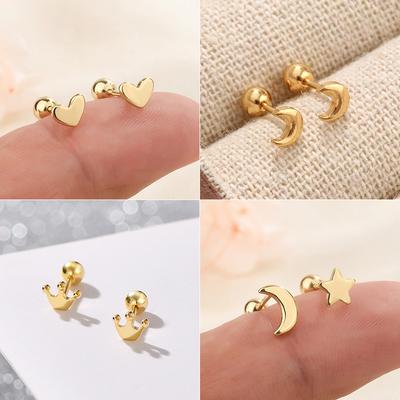 Minimalist Gold Color Mini Small Moon Star Heart Stud Earring For Women Cartilage Helix Tragus Ear Piercing Jewelry Gift