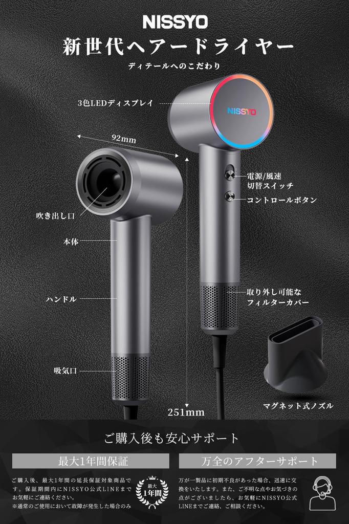 NISSYO Japanese Product 2024 New Quick Large Air 200 Million Negative Low Large Wind Cold Hair High Speed Hair Beautiful 8 Static Comes with Gray
