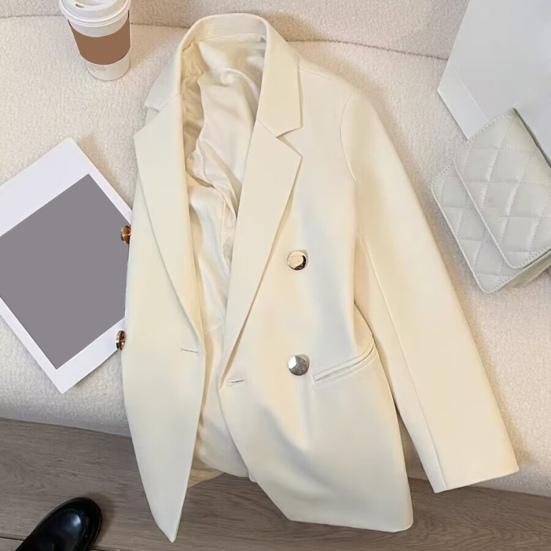 Women Suit Coat Lapel Long Sleeve Double Placket Suit Jacket with Pockets Solid Color Loose Fit Mid-length Business Outerwear