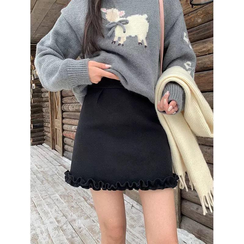 

European-Style Woolen Ruffle A-Line Midi Skirt: High-Waist, Slimming, Hip-Hugging Design for Spring & Autumn Extra Small