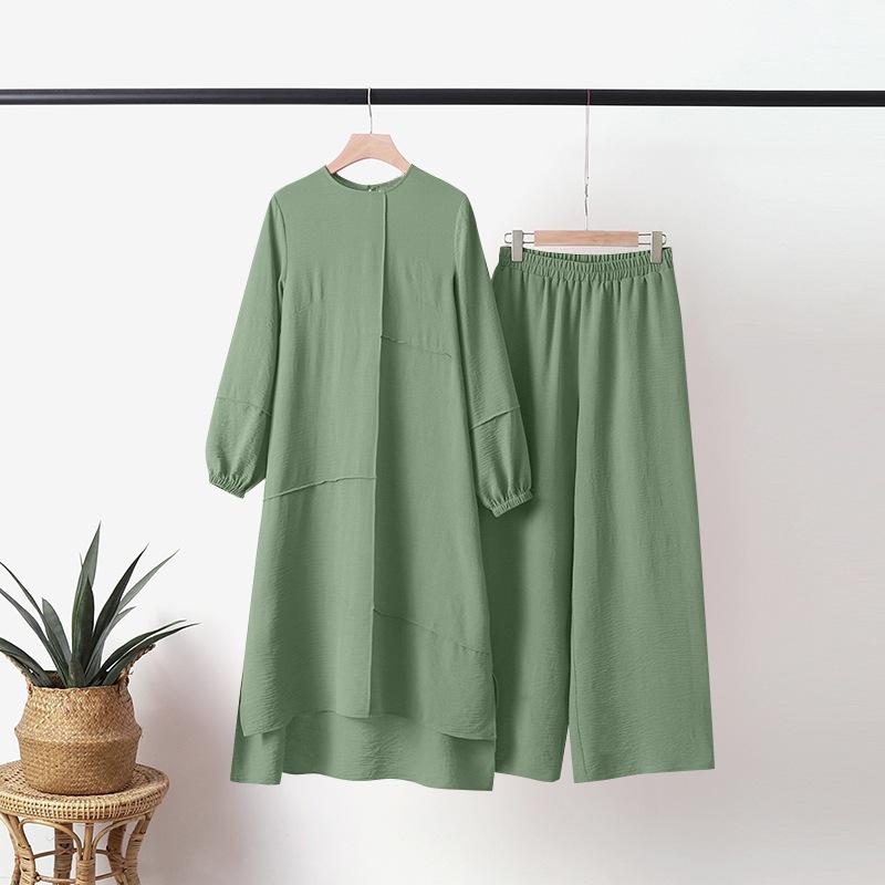 Muslim Women's Urban Sportswear: Elegant Puff Sleeve Shirt & Wide Leg Pants Set