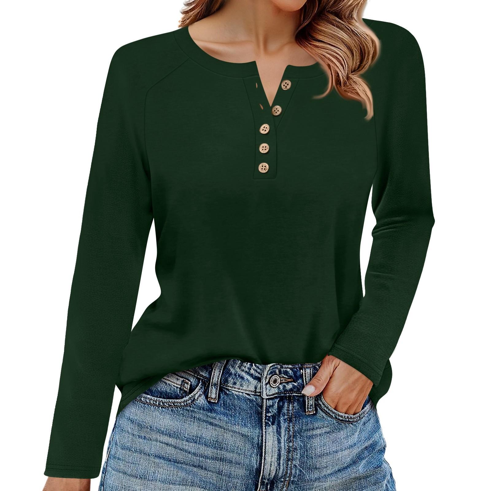 

Жіноча футболка однотонна з довгим рукавом повсякденна мода базова кругла горловина ґудзики рукав реглан топ S