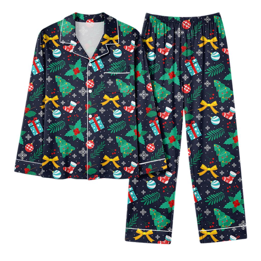 Dames avslappet mote juleprint langermet topp og bukser hjemmesett