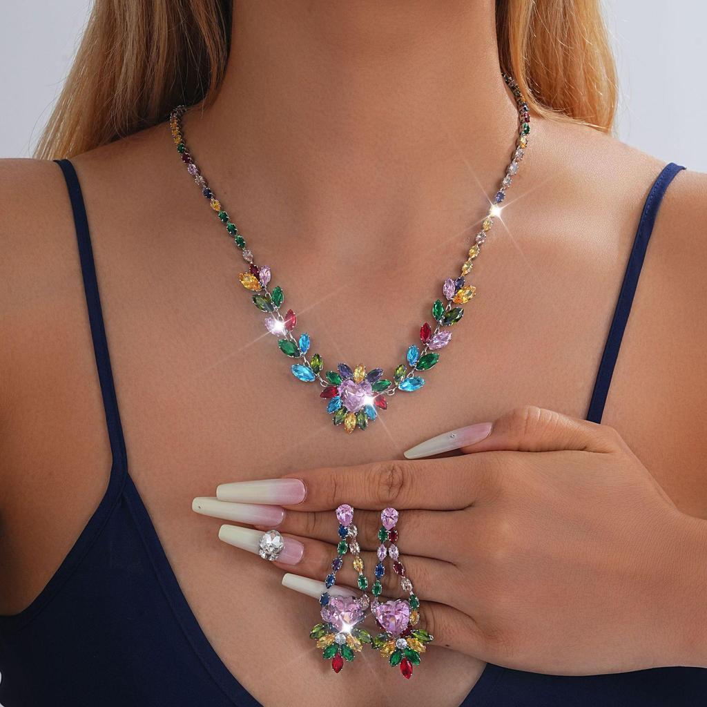 European-American Rhinestone Teardrop Necklace & Earring Set: Korean-Style Bridal Temperament Collarbone Chain Jewelry for Women