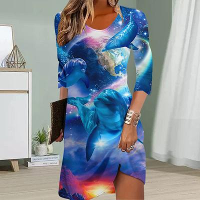 Women Casual Dress Autumn Dolphin Print Dresses For Women O-neck Short Sleeve Dress Plus Size