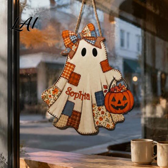 Seasonal Wall Hanging for Parties Halloween Wooden Patchwork Ghost Pendant Vintage Autumn Harvest Sign Cute Retro Ornament Walls Pendant with