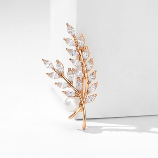 Women Brooch High-Gloss Rhinestone Inlay Sparkling Faux Pearl Wheat Design Lapel Pin Non-Slip Buckle Scarf Badge Clothing Bags Accessories