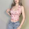 Y2k Pink Mesh Rose Flower Graphic Crop Top Hollow Shoulder Backless Halter T-Shirt Camisole Sexy Cute  T Shirt Bustier Cropped