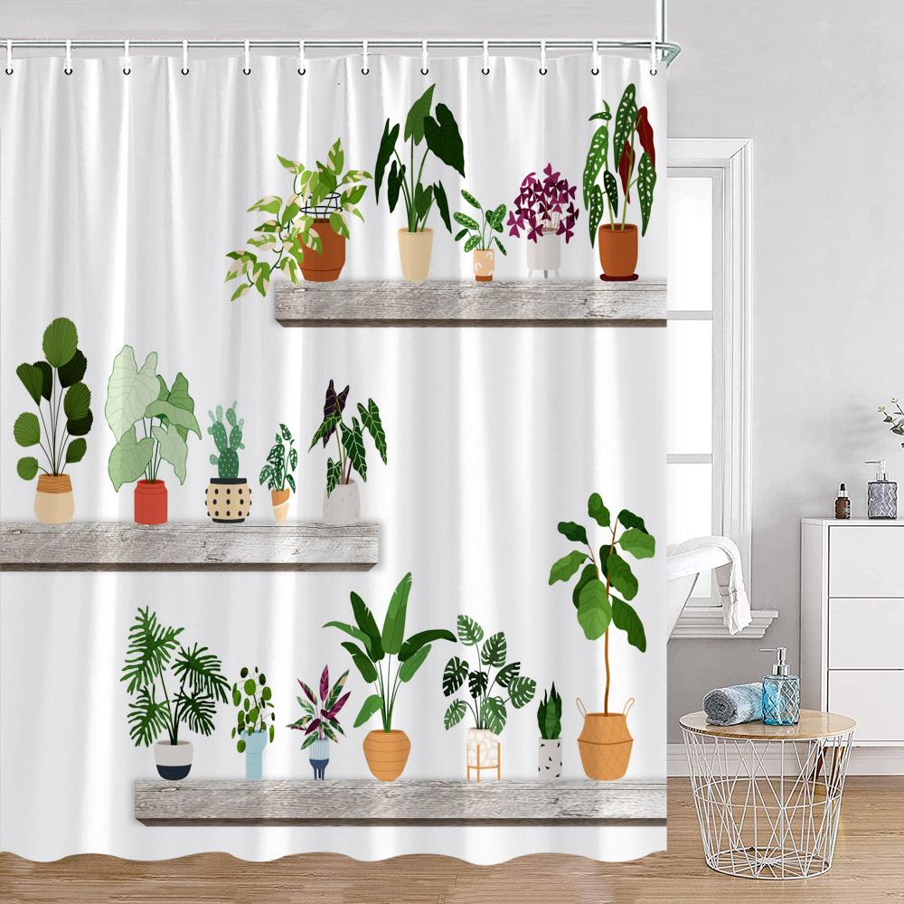 Grüne Topfpflanzen Duschvorhänge Cartoon Katzen Hängende Tropische Blätter Dekorationen Für Bad Polyestergewebe Badezimmervorhang
