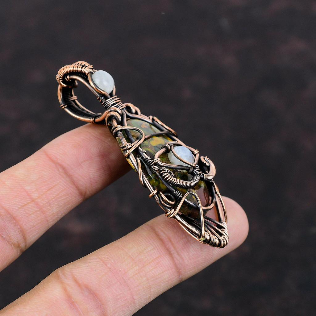 Evil Eye Fruit Jasper Copper Pendant Copper Wire Wrapped Pendant Rainbow Moonstone Pendant Unique Evil Eye Jewelry Handmade Gemstone Pendant