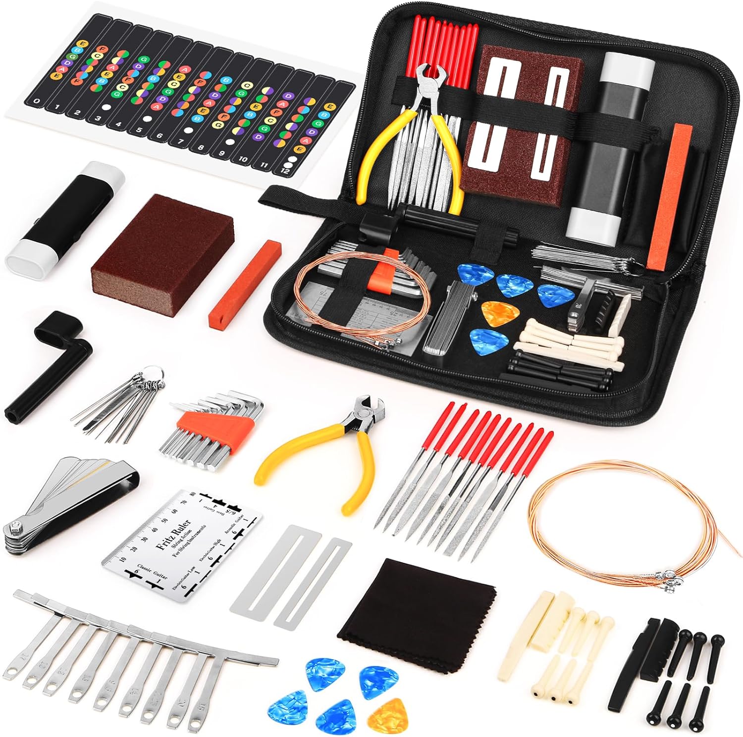 72-piece guitar repair tool kit, guitar accessories and storage bag