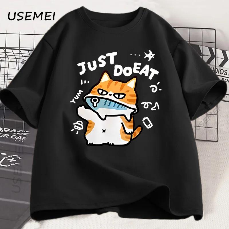 Funny Cat Eat Fish T-shirt for Women Summer Tops Tshirts O-neck Women Clothing Streetwear Short Sleeve T Shirt