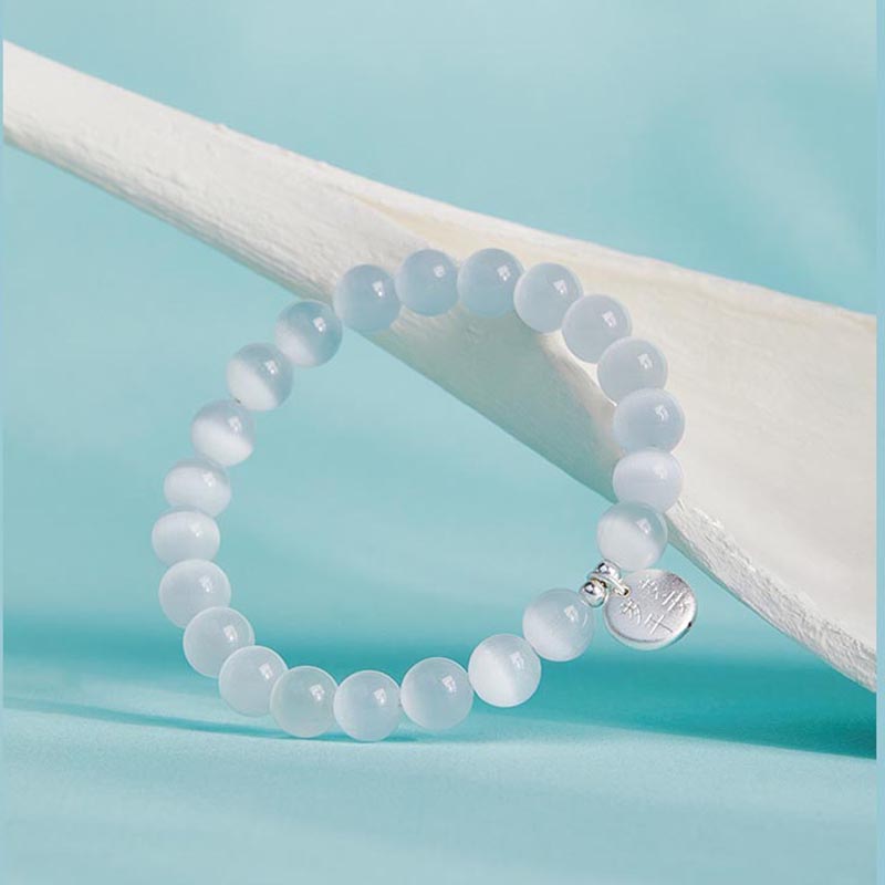 8mm White Cat's Eye Stone Elastic Bracelet for Girls Simple round Bead Jewelry Gift for Women