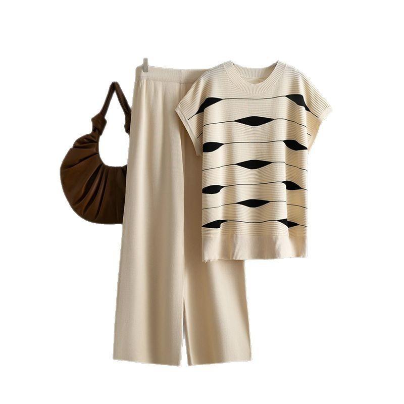 Fashion suit women's summer new striped knitted sweater top + high waist wide leg pants casual two-piece set