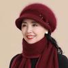 Elderly Women's Plush Lined Rabbit Fur Winter Hat, Scarf, & Gloves Set