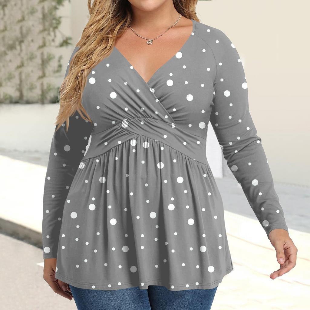 Women's Plus Size Shirt Long Sleeve  Print Top Pleated Casual V-Neck Top