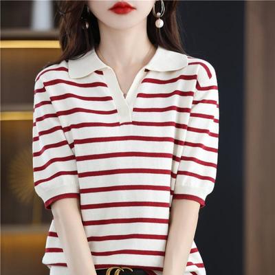 POLO Collar Cotton Short-sleeved T-shirt Women's Summer New Loose and Thin Knit Sweater Sweet Style Short Western Style Top