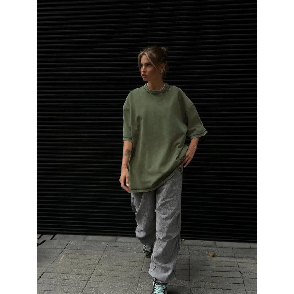 100% Baumwolle Retro T-Shirt Damen Vintage Kurzarm Wachsdruck T-Shirts Herren Einfarbig Hip Hop Lockeres T-Shirt