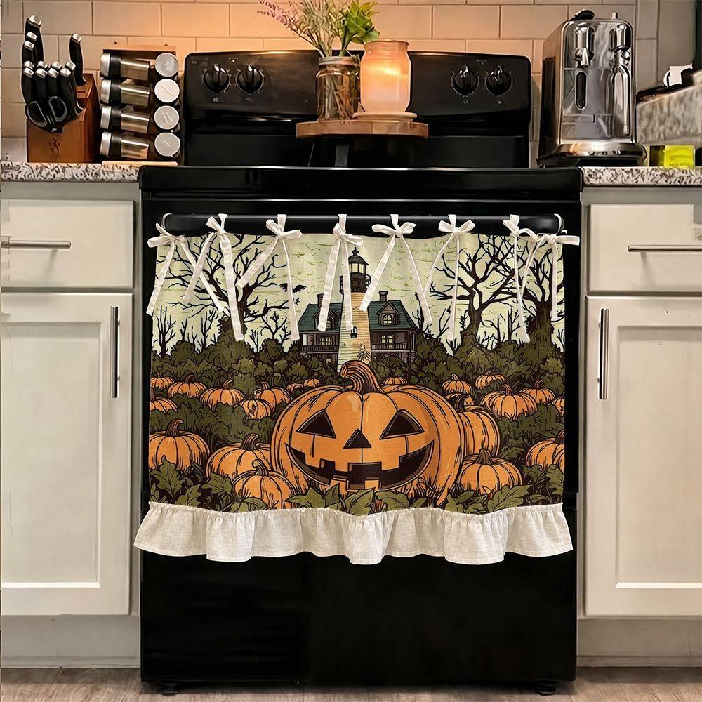 Seasonal Halloween Tie Oven Cover Curtain Pumpkin Ghost Pastoral Style Dishwasher Bow Decor Curtain Snowman Handmade