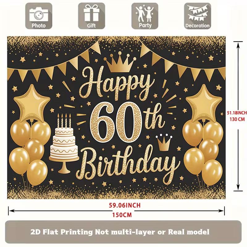 2D Elegant Black Gold Themed 60th Birthday Party Banner with Balloons