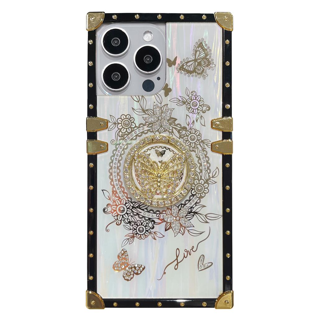 For iPhone 15 Pro Case Electroplated Butterfly Pattern TPU+PC Phone Cover with Kickstand