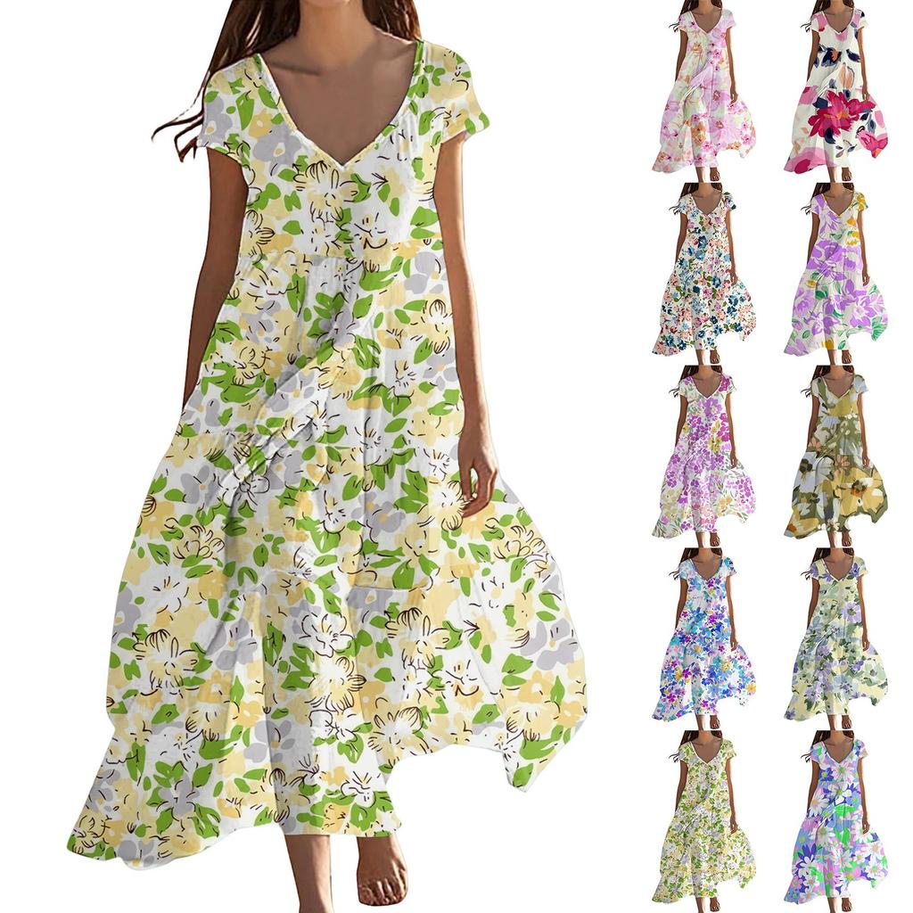 Women's Summer Fashion V-Neck Beach Long Short Sleeve Floral Printed Dresses