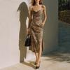 European and American V-neck Leopard Print Split Suspender Waist Sexy Slim and Thin Dress