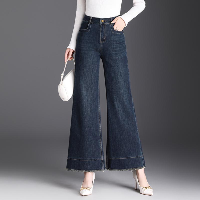 Women's High-Waist Elastic Denim Micro Flare Pants with Raw Hem for Spring/Autumn