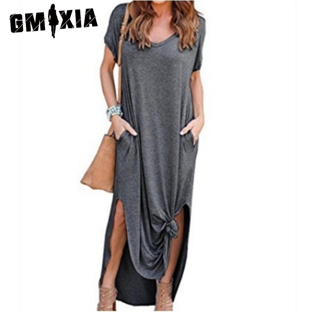 

GMXIA Sexy Women Dress Plus Size 5XL Summer Solid Casual Short Sleeve Maxi Dress for Women Long Dress Female Dresses XL темно-сірий колір