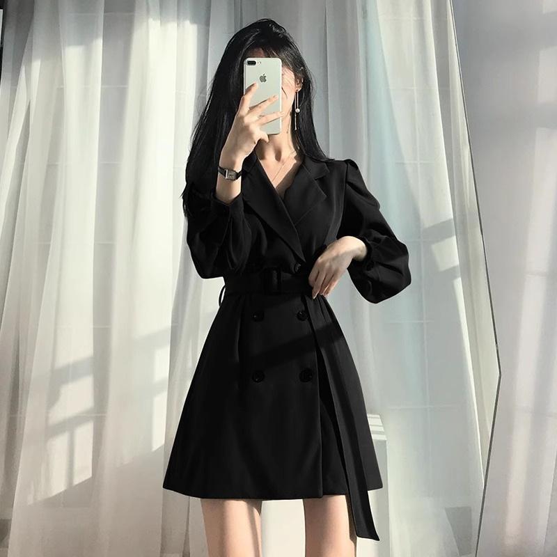 High Sense Hepburn Style Black Suit Dress Spring and Autumn New Women's Clothing Small Bottom Skirt