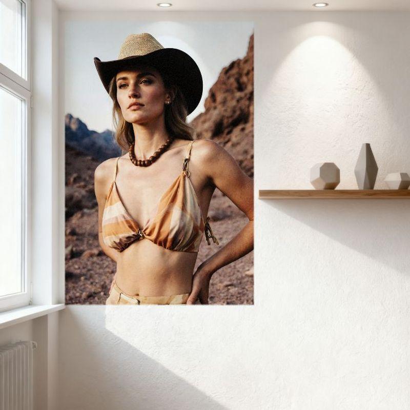 Sexy Woman in Desert Landscape Rocky Mountains Tin Sign Vintage Metal Poster for Bar Pub Home Cafe Wall Decor with Cowboy Hat an