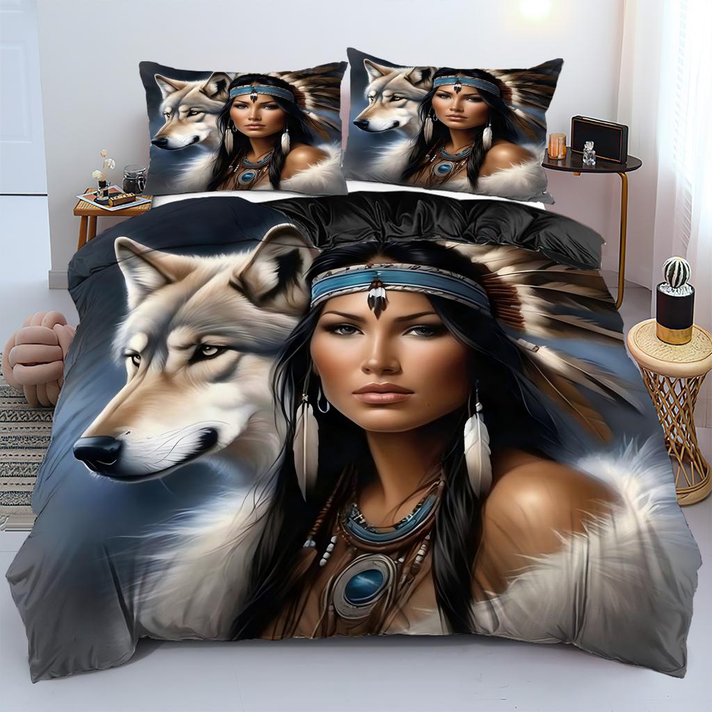 Wolf And Beauty Pattern 3D Printed Quilt Cover Pillowcase Soft Comfortable Bedding Set Wildlife Exotic Style Duvet Cover Set