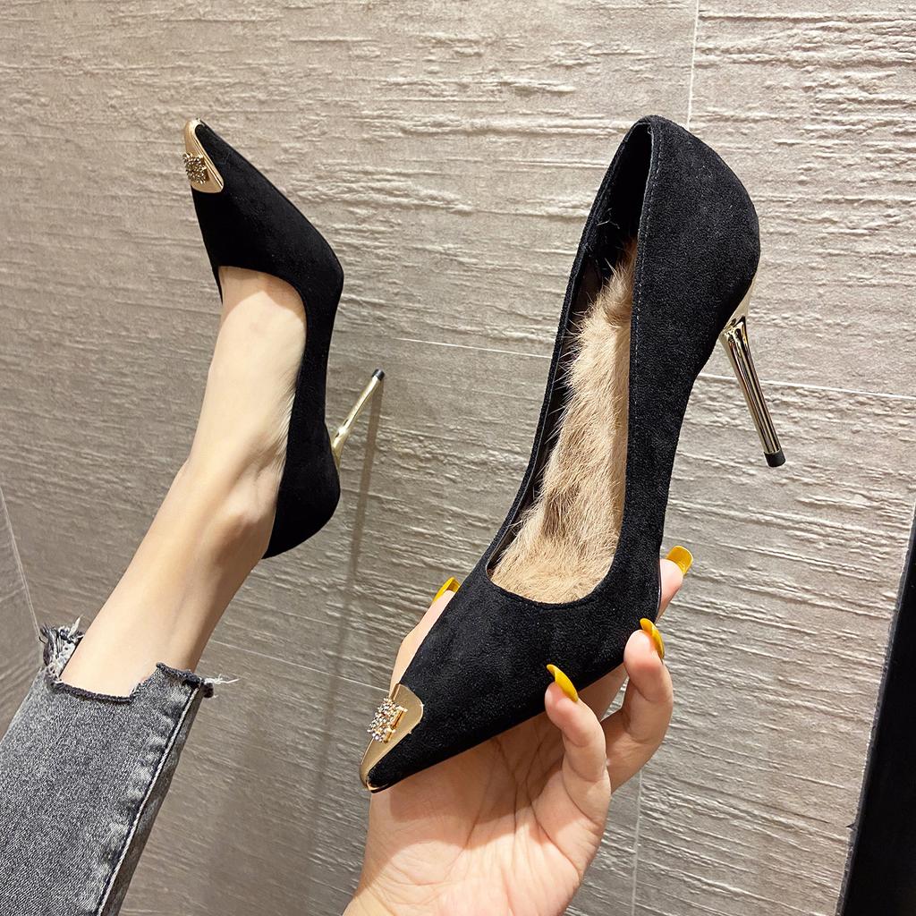 9265 2025 spring new high heels suede pointed head thin heel metal head shallow mouth single shoes super high heel women's shoes