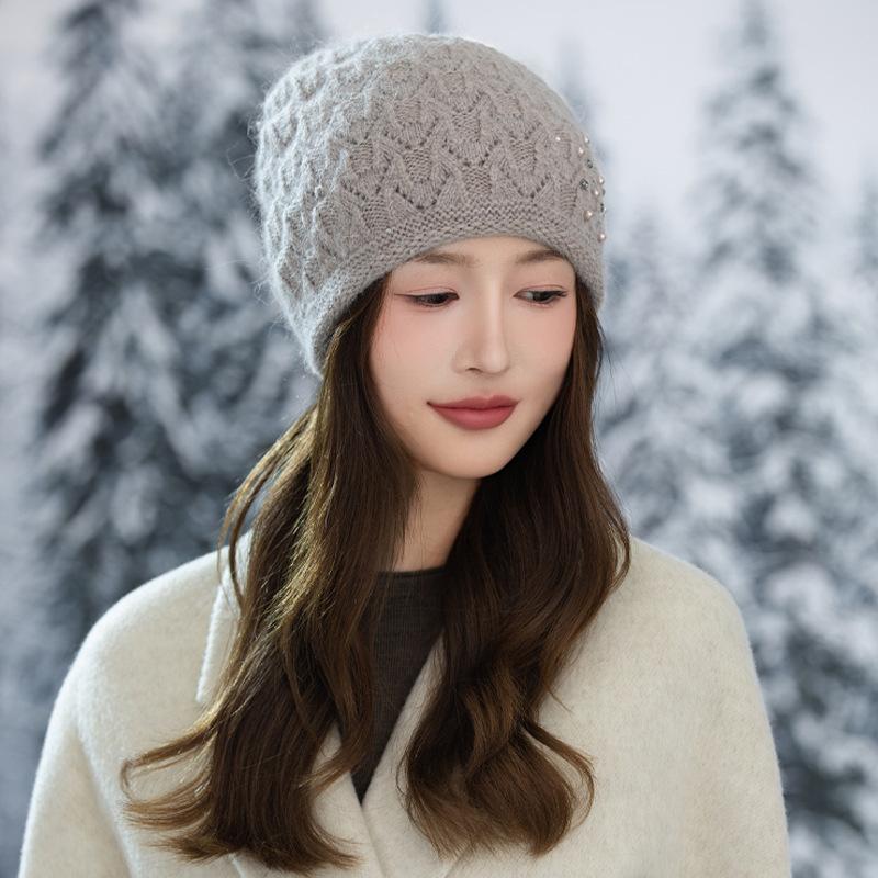 European and American Checked Pearl Dot Drill Rabbit Fur Pullover Hat Autumn and Winter Retro Versatile Wool Hat Outdoor Cold Warm Hat