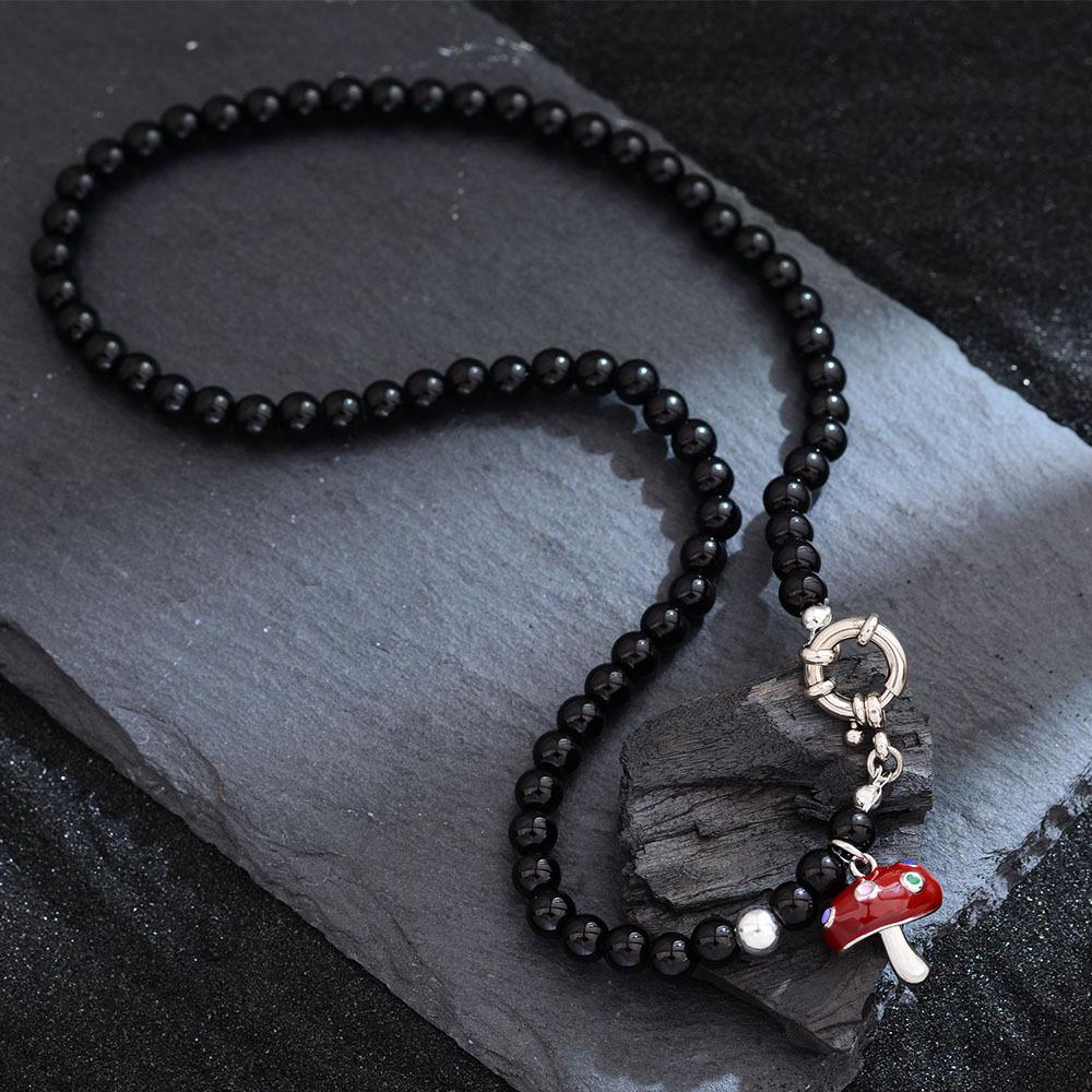 Niche Design Enamel Dripping Oil Red Small Mushroom Pendant Black Agate Beaded Necklace High-End Light Luxury Accessories