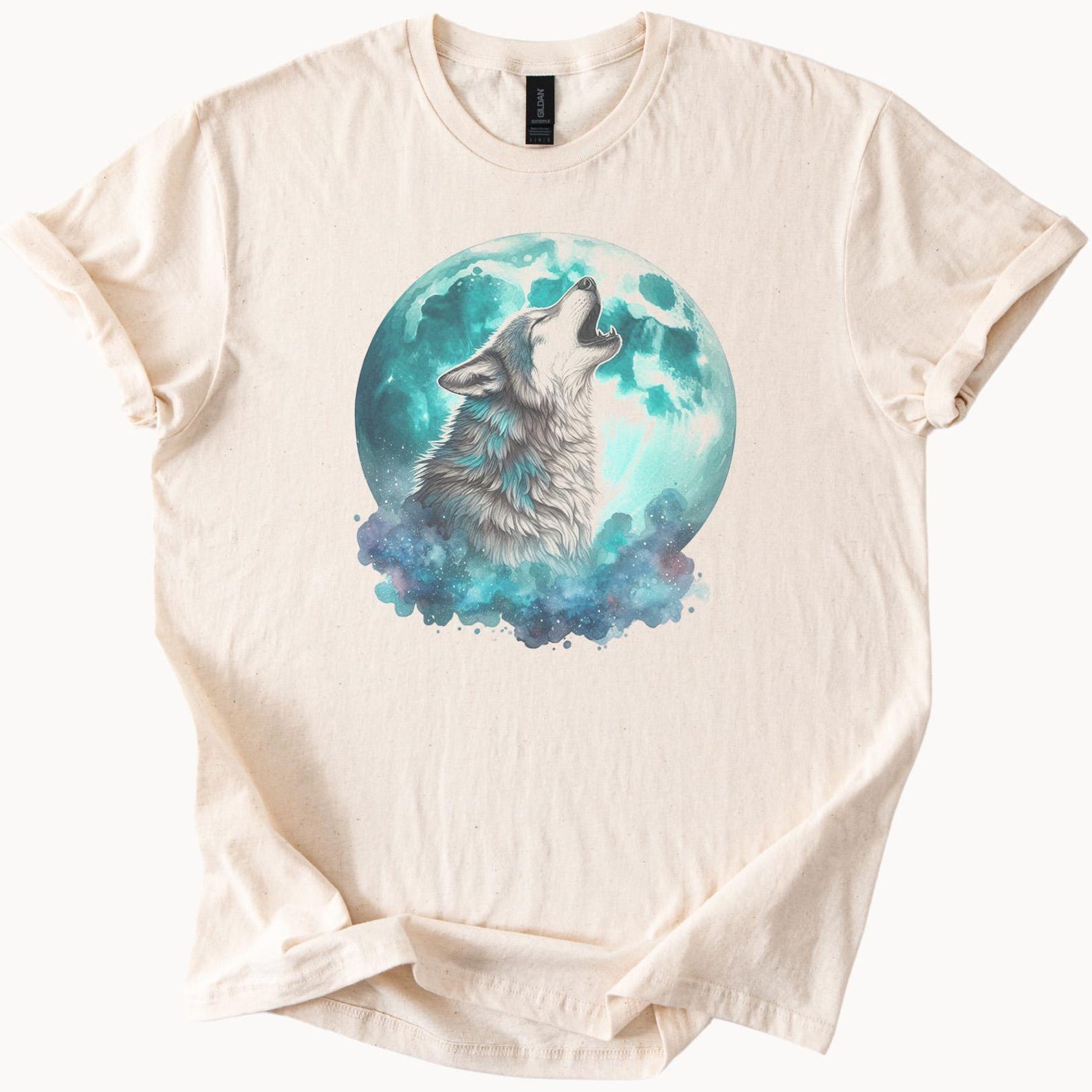 Wolf Howling at Full Moon Graphic T Shirt Celestial Animal Art Tee Nature Lover Gift Galaxy Blue Wolf Shirt Moonlight Forest Apparel 100