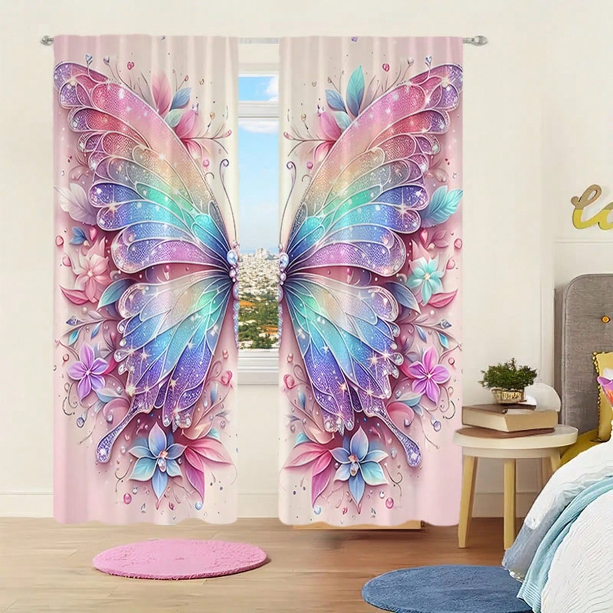 

Room Darkening Colorful Butterfly Pattern Curtain Pink Background Door Home Decor Set Of 2 Elegant Made Polyester With Rod Pocket Washable W100*H70(CM)-Hooks&1PCS