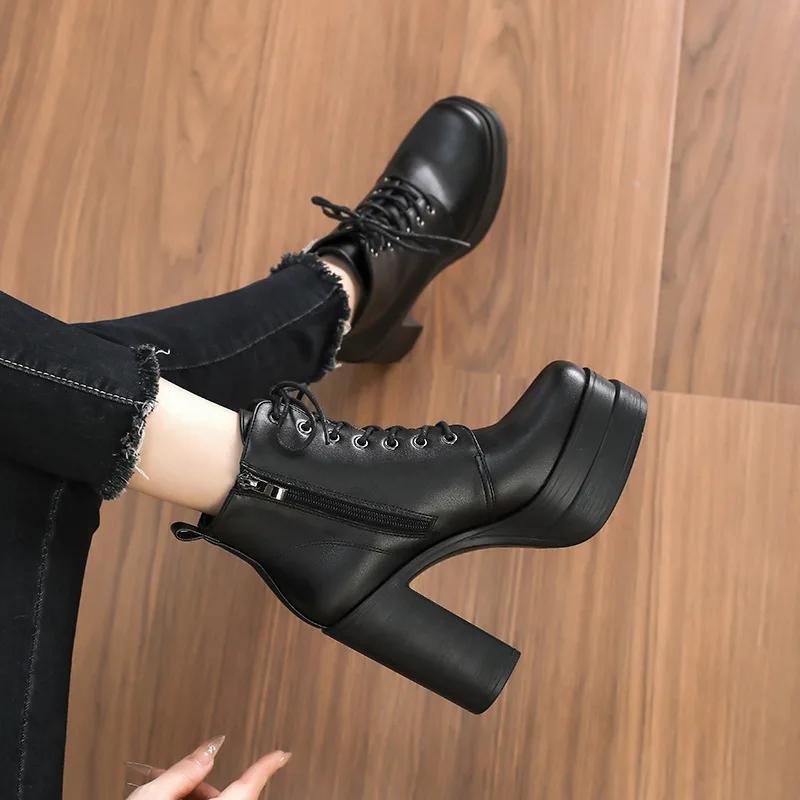 Women's Ankle Boots Platform  Trends Black Short Boot Winter Autumn Leather Gothic Punk Heels Party Shoe Lady Platform Boots