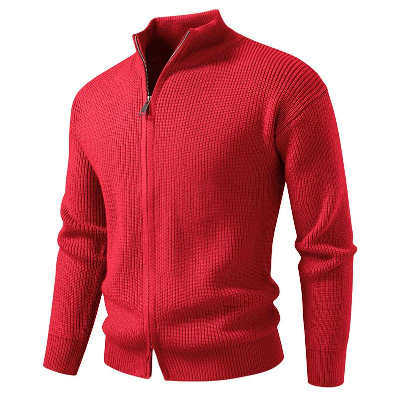 Men's Solid-Color Winter High-Neck Double-Zip Cardigan Sweater Jacket