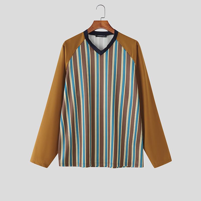 INCERUN Oversized Men V Neck Long Sleeve Striped Print Casual Loose T-shirts Tops