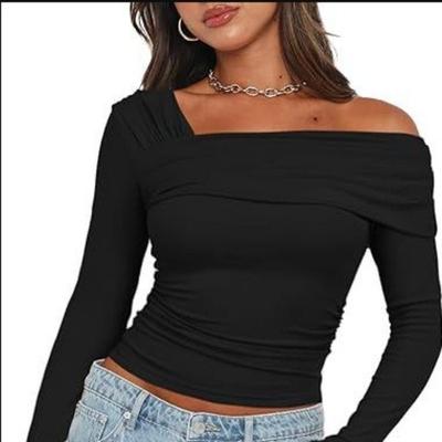 Frühling Sommer Damen T-Shirts Einschultriges Langarmshirt mit Rüschen Outing Sexy Schlankheitsoberteile Y2K