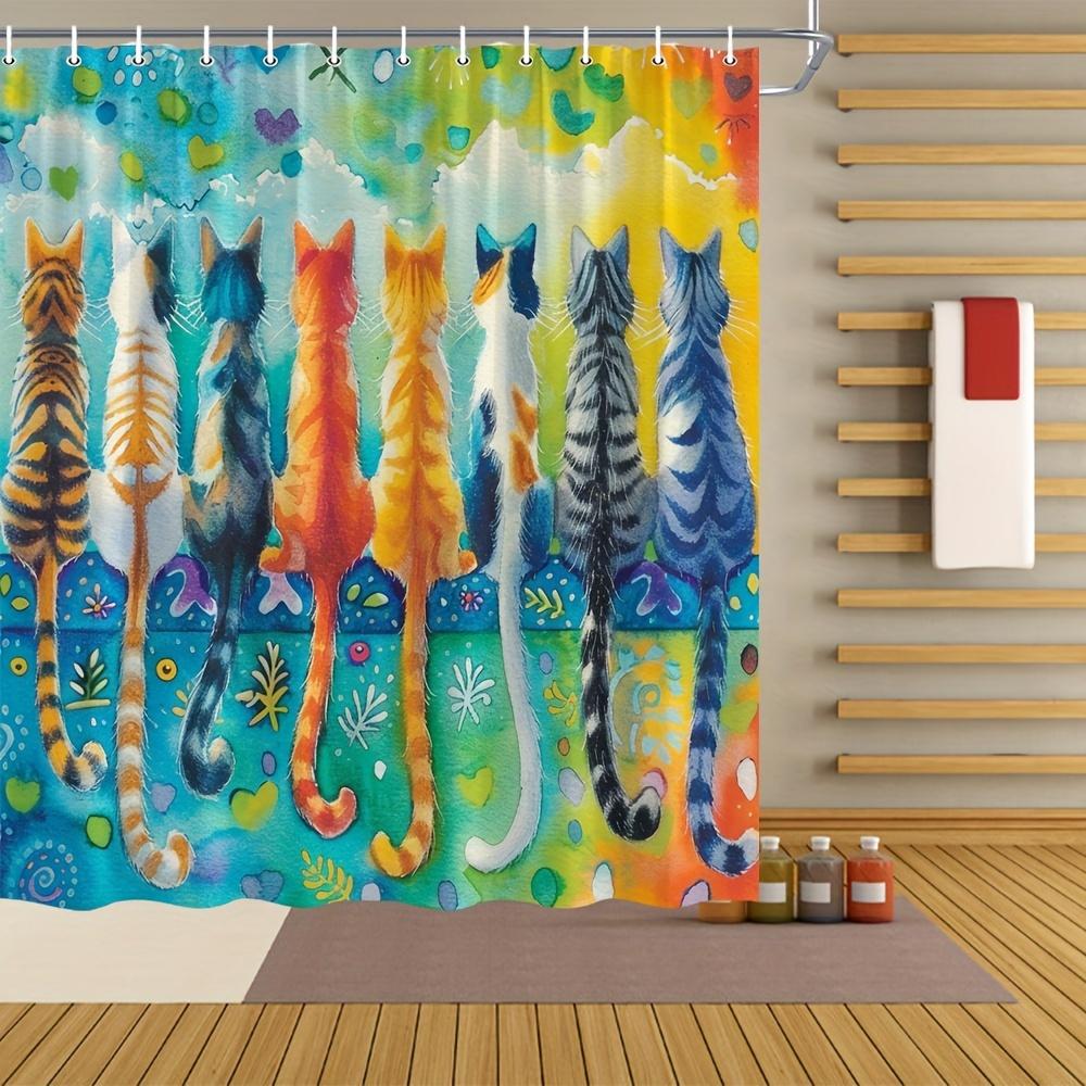 Colorful Watercolor Cat Shower Curtain With Hook 180X 180Cm, Design Shower Curtain For Teenagers Bathroom Decoration