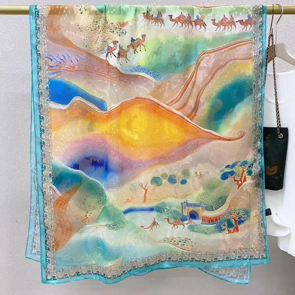 Dunhuang Cut Flower Fragrant Cloud Yarn 180 * 70 Long Towel Single-Sided Printing Shawl Versatile Fashion Sunscreen Shawl