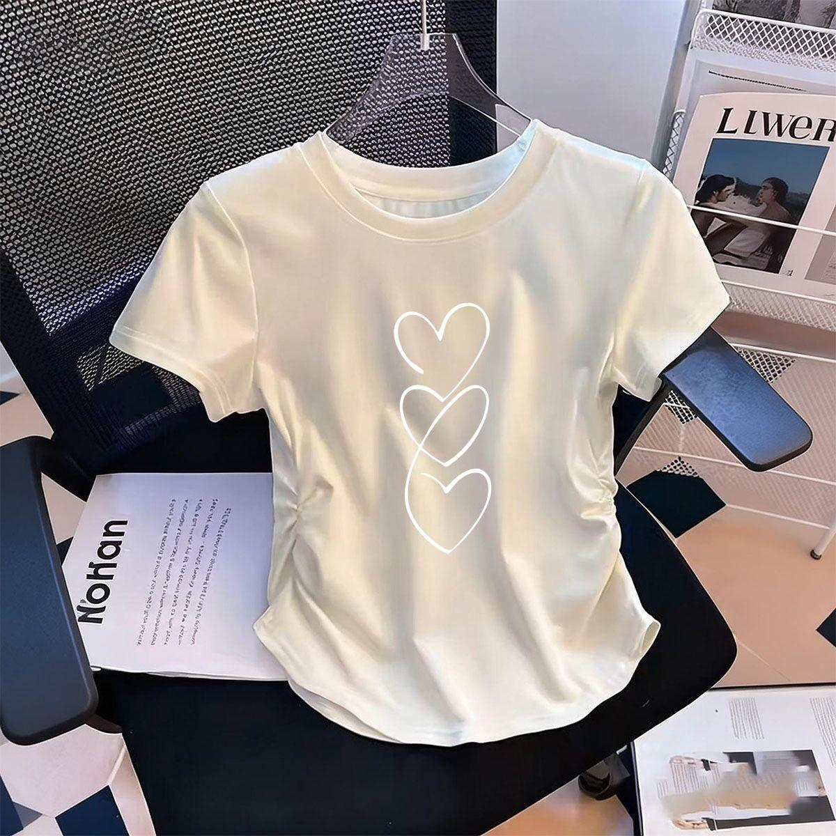 

Womens WaistDefining Elastic T Shirt Soft Heart Shape printed Short Sleeve Round Neck top tee Casual Cute tshirts S