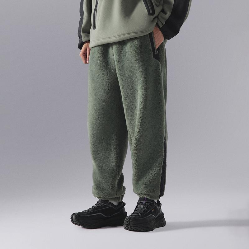 Li Ning CF Suo Spodnie Casualowe z Polaru w Jednolitym Kolorze ze Ściągaczami Unisex Szare-Zielone AKLU901-3